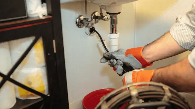 Drain cleaning technician using a motorized plumbing snake to clear a clogged sink pipe in Irvine, CA